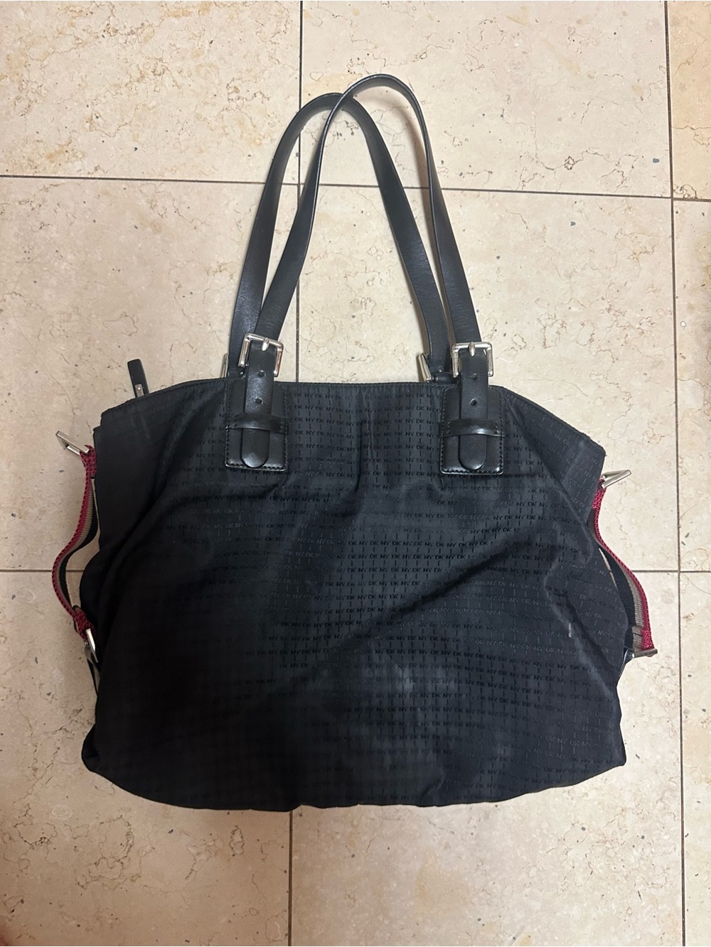 DKNY Black Women's Nylon Tote Bag Purse with Red Trim